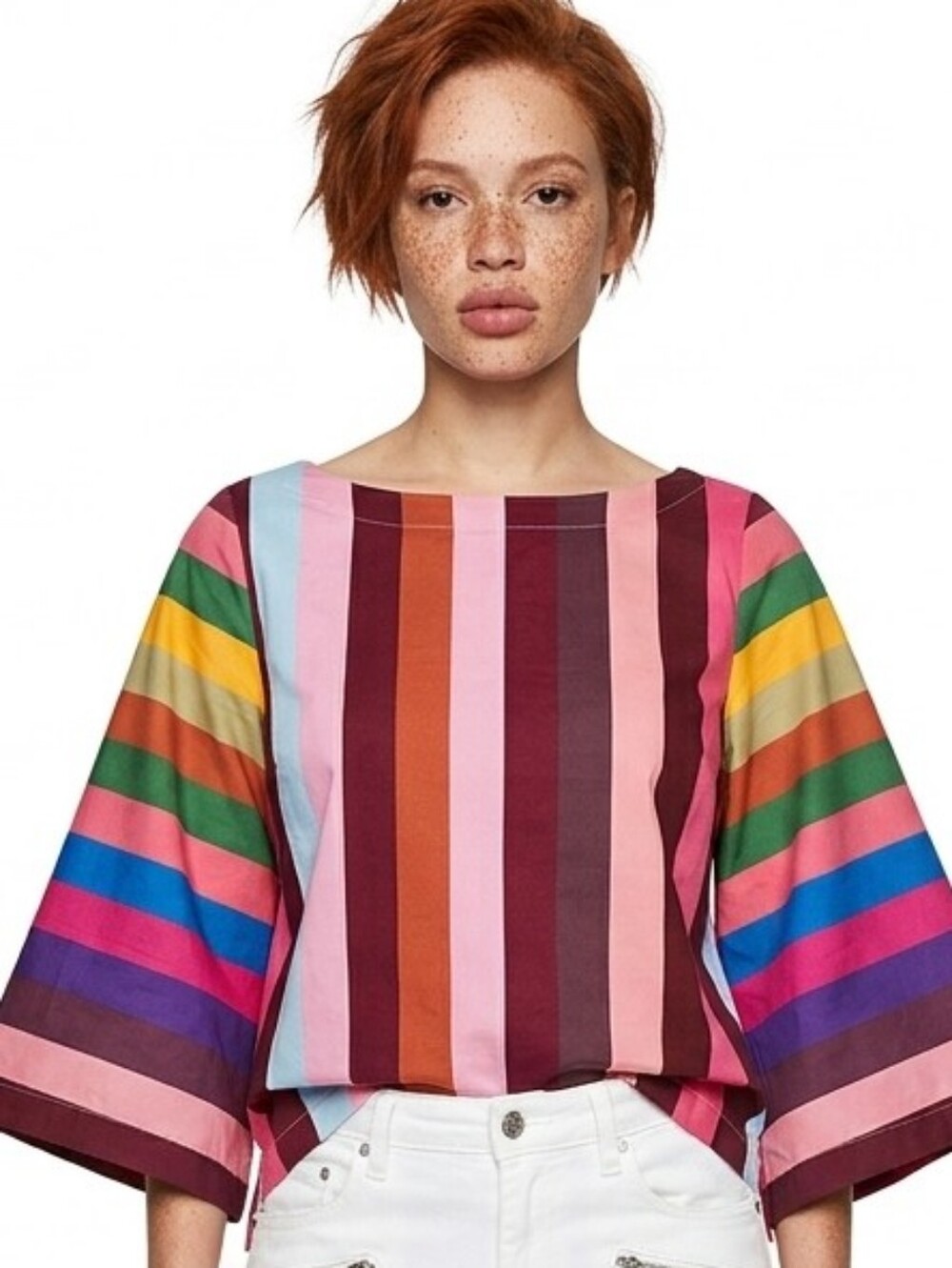 NWT Anthropologie Rainbow Stripe Bell Sleeve Top Boxy Boatneck Cotton Geisha